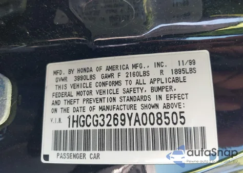 2000 Honda Accord 2.3 Lx из США, поврежденный, VIN 1HGCG3269YA008505